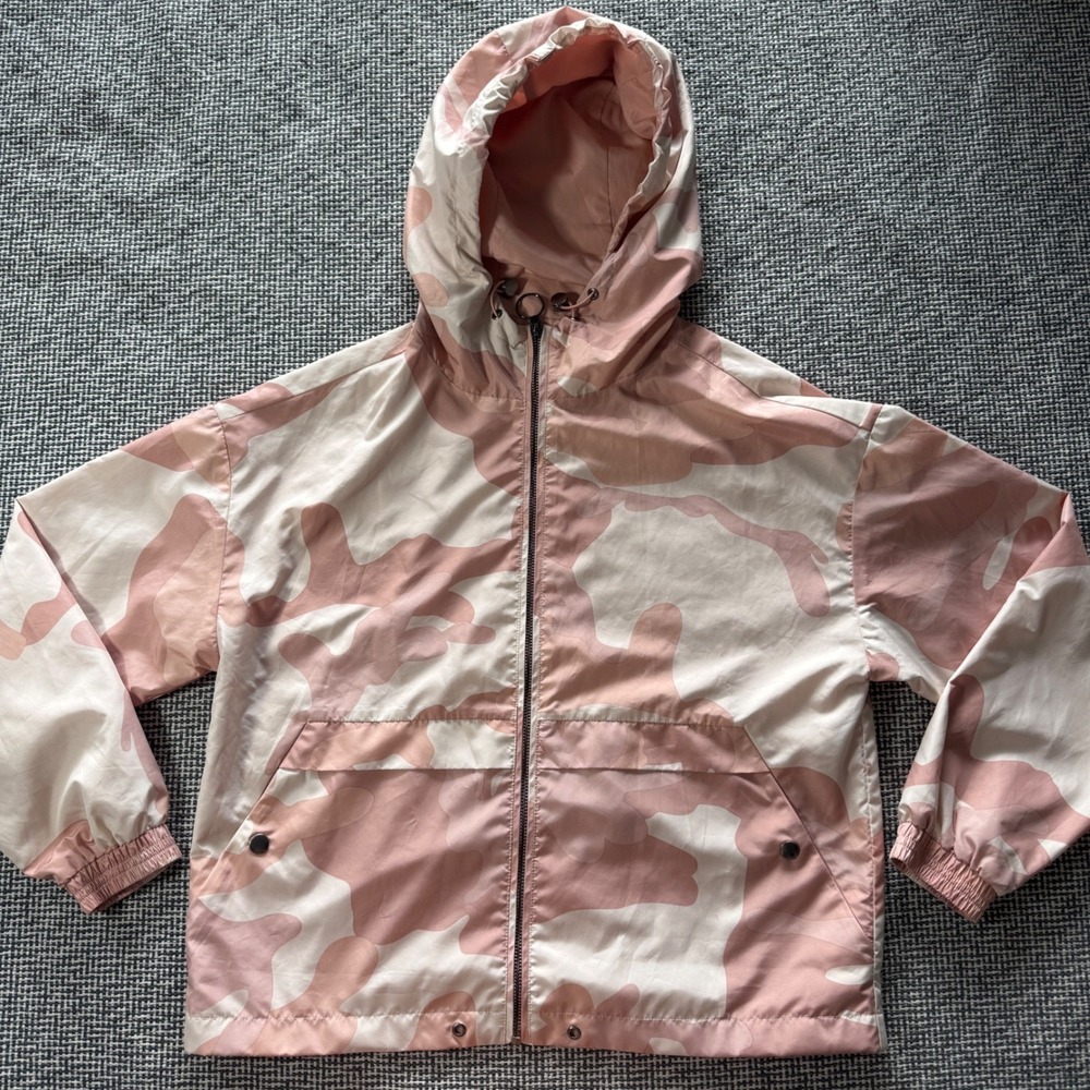 Forever 21 Womens Pink Camo Hooded Windbreaker Jacket Small Full Zip Lightweight